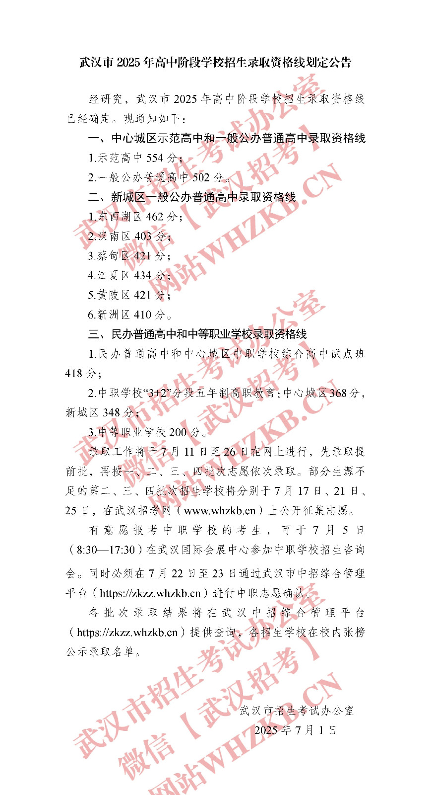 2025年武汉市高中阶段学校招生录取资格线划定公告